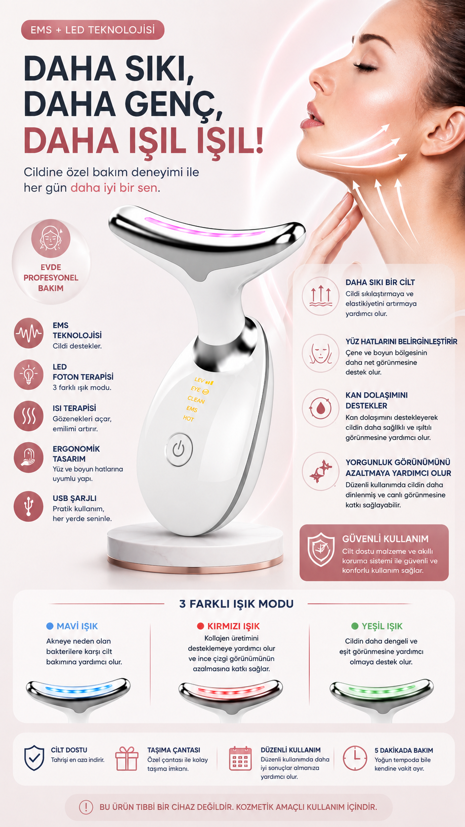 NOVERA™ EMS & LED Yüz ve Boyun Bakım Cihazı – Daha Sıkı ve Canlı Bir Görünüm