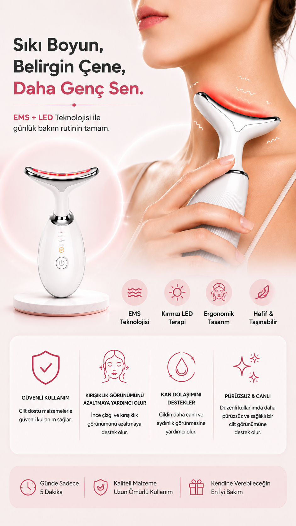 NOVERA™ EMS & LED Yüz ve Boyun Bakım Cihazı – Daha Sıkı ve Canlı Bir Görünüm