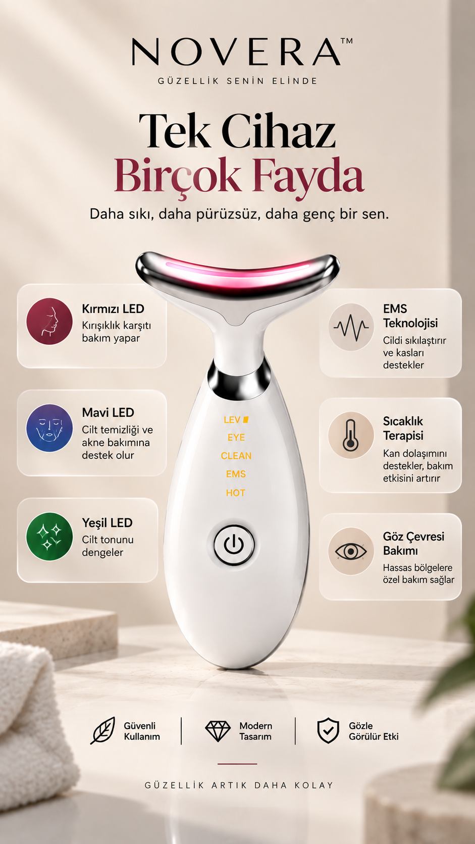 NOVERA™ EMS & LED Yüz ve Boyun Bakım Cihazı – Daha Sıkı ve Canlı Bir Görünüm